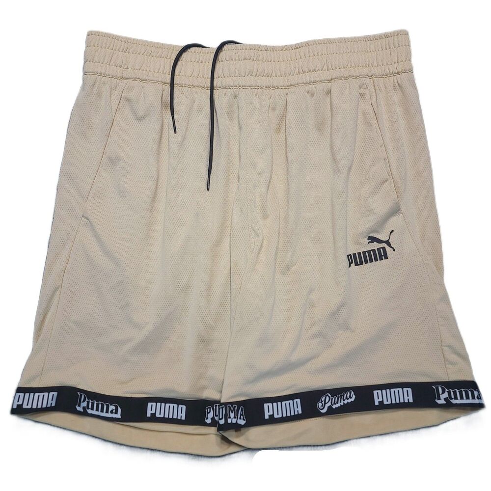 PUMA Shorts Mens L Beige Logo Taped Hem Pockets Drawstring Athletic